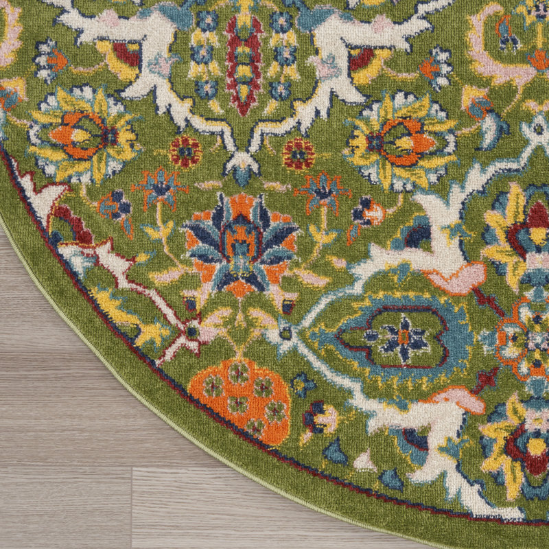 Tapis vert / orange / ivoire tissé à la machine Weylyn, Rond 7 pi 10 po