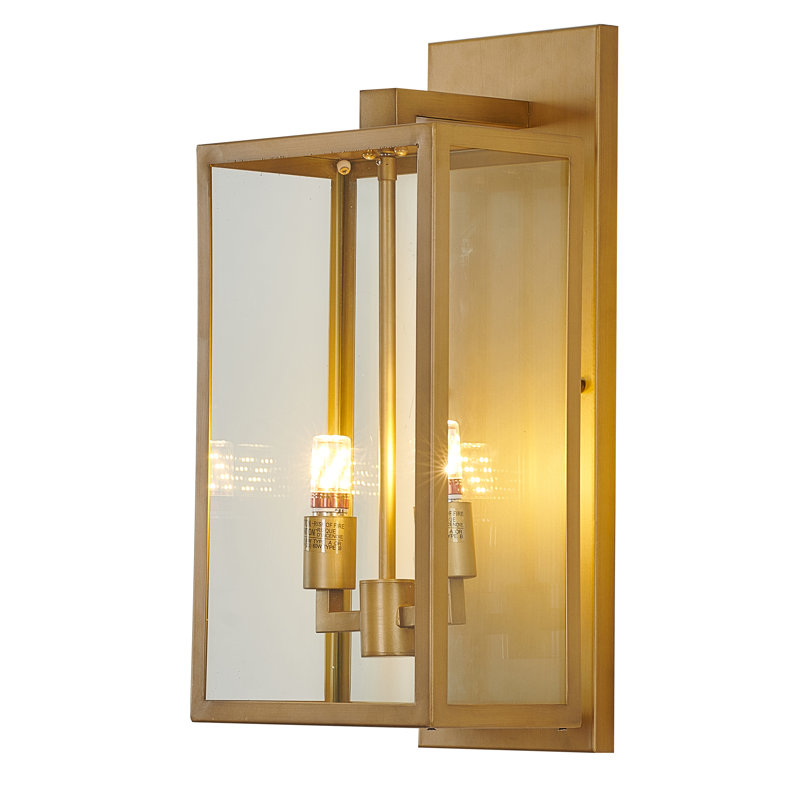 2 Light Black Lantern Wall Sconce With A Clear Glass Shade, Brass, 21" H x 9.75" W x 7.75" D