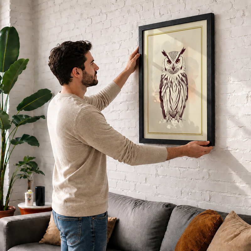 Owl In Ink Japandi - Print, Walnut, A1 - 84.1 x 59.4 cm