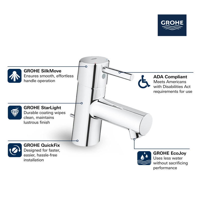 Concetto Single Hole Bathroom Faucet with Drain Assembly, Starlight Chrome