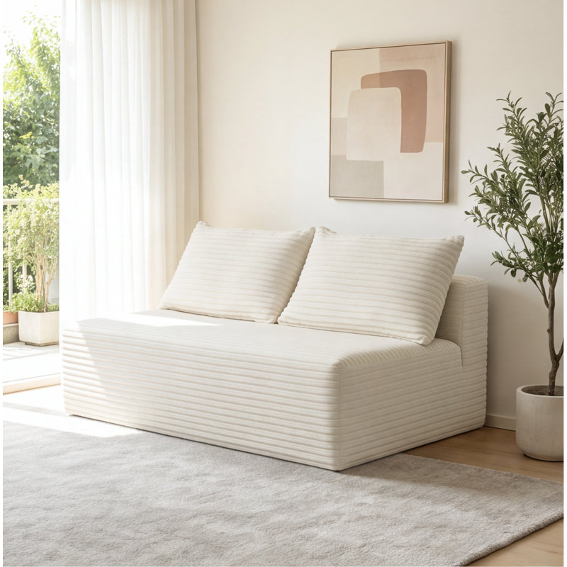 Canapé modulaire en velours beige de 58 po à 2 places avec méridienne et porte-gobelet, sans assemblage requis