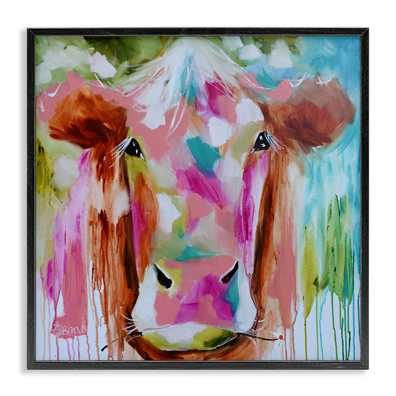 Vache Expressionist Vibrant, giclée par Amanda Brooks, Giclée encadrée noir minuit, H 12 po x l 12 po