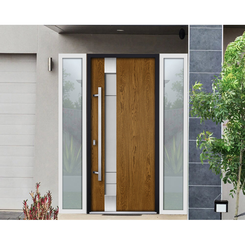 Porte d'entrée extérieure prémontée en acier Deux 1713 Chêne naturel, 2 fenêtres latérales blanches, inserts en acier inoxydable, style moderne, peinte, dimensions : L 16 + 36 + 16 x H 80, ouverture à droite vers l'intérieur