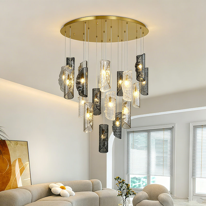 Lustre moderne en verre texturé artistique moderne, 19 lumières, H 78,75 po x l 33,5 po x P 33,5 po