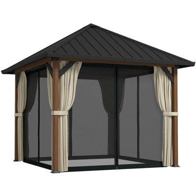 Pavillon de jardin à toit rigide 10 pi x 10 pi avec toit en acier, filet et rideaux