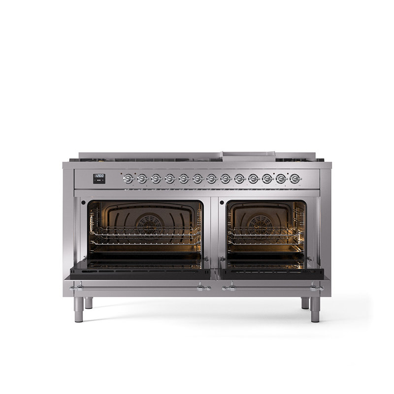 ILVE Nostalgie II 60 Dual Fuel Range, 9 Burners, Griddle, Liquid Propane, Stainless Steel/Chrome
