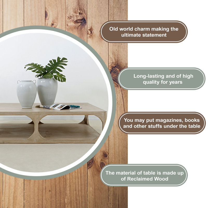 Peking Ming Solid Wood Coffee Table, 15.75" H x 66.93" L x 43.31" W, Weathered Whitewash