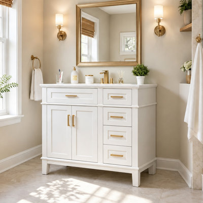 Meuble-lavabo moderne 36 po avec lavabo en céramique, armoire autoportante avec tiroir rabattable, 3 tiroirs et portes à fermeture en douceur, poignées dorées