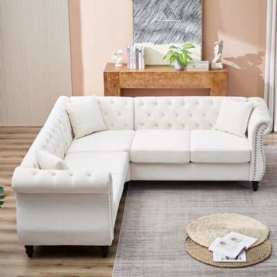 5 coins de 83,5 pouces en forme de L avec 3 coussins. Moderne et élégant, fabrication en bois, style tissu velours, structure solide, revêtement