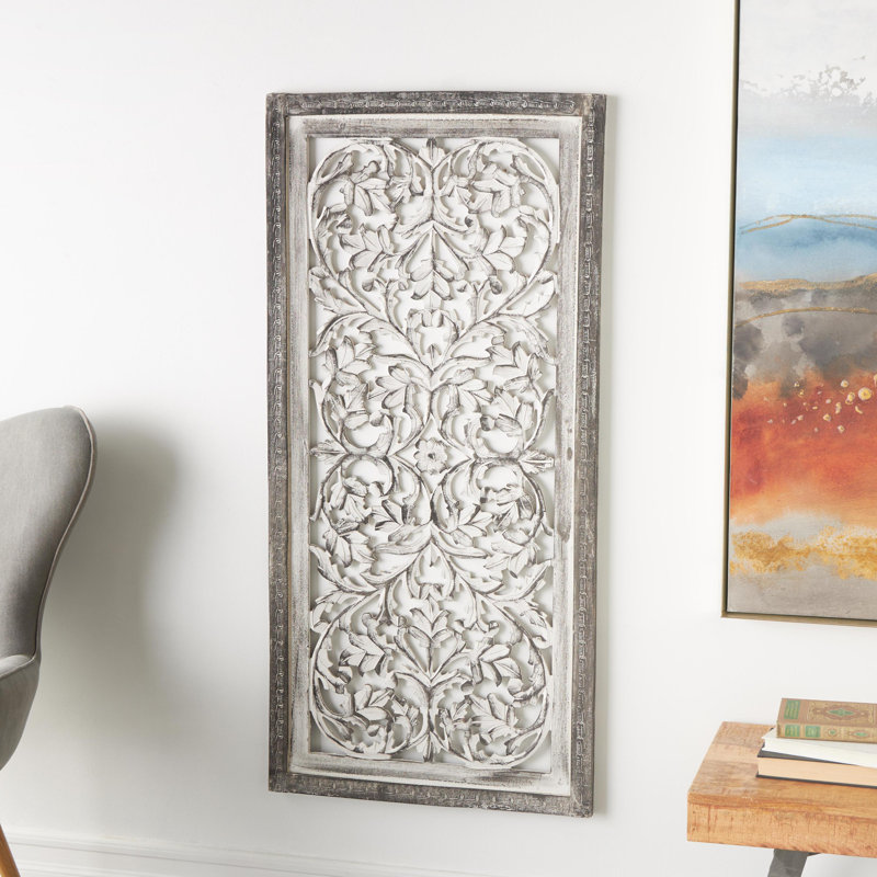 Gray Mango Wood Handmade Intricately Carved Floral Wall Panel