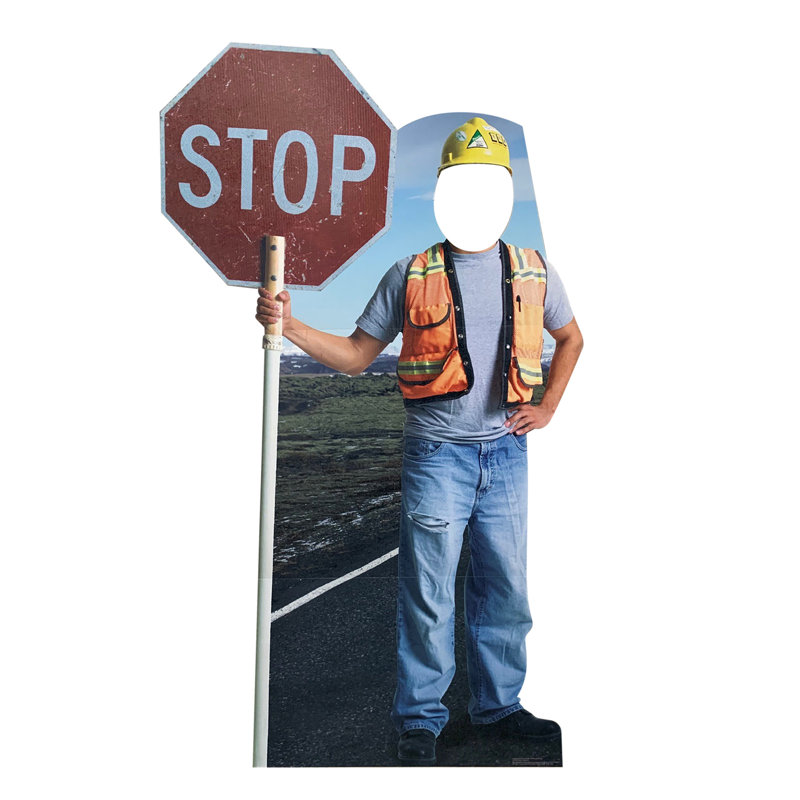 Life-Size Construction Worker Cardboard Stand-Up with Stop Sign