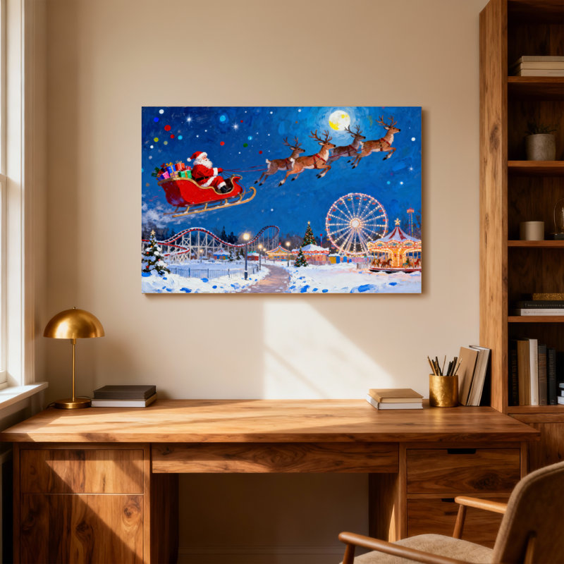 Noël, père Noël, traîneau, renne, parc de Noël, scène de nuit, H 32 po x l 48 po