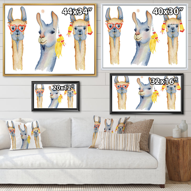 Dessin de mignon lama mignon I - reproduction sur toile, H 24 po x l 32 po, Cadre flottant en érable