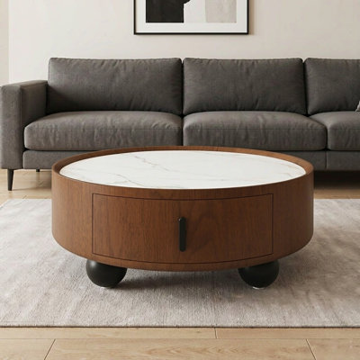 Table basse Drum avec tiroir et base à billes, table centrale de style Mid-Century à bord arrondi, table basse minimaliste pour le salon, la chambre à coucher, noyer