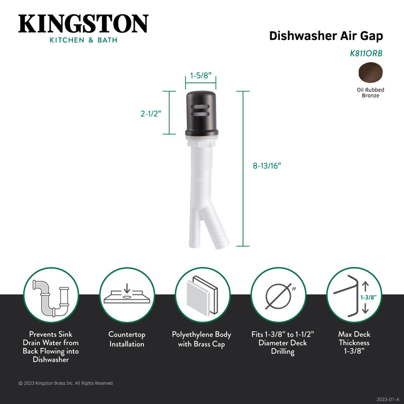 Kingston Brass Trimscape Dishwasher Air Gap with Brass Cover, Oil Rubbed Bronze