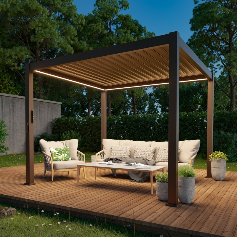 Solar Light Metal Pergola with Adjustable Louvers and Concealed Water Drainage System, 10 ft x 10 ft