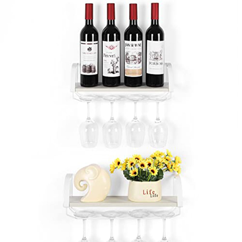 Ensemble de 2 porte-bouteilles muraux - étagère de rangement pour 4 bouteilles en métal et bois avec porte-verre