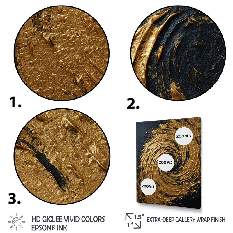 Or et noir abstrait spirale Smph - Art abstrait spirales murales, H 44 po x l 34 po x P 1,5 po, Cadre doré simple