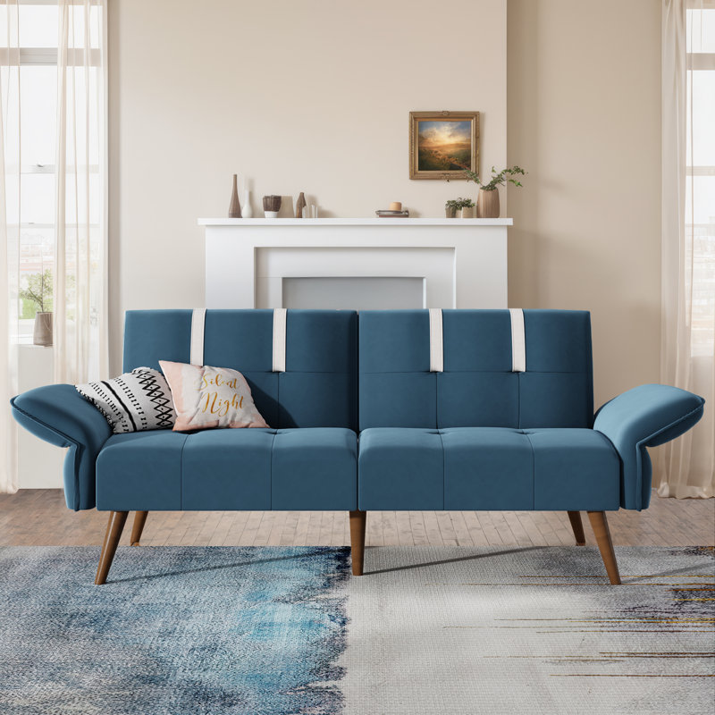 Canapé convertible en futon 69,69 po Brooksley, Bleu velours