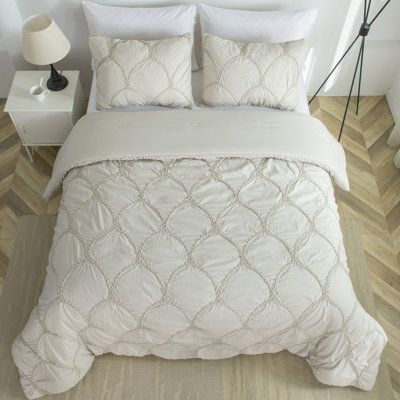 Scallop Embroidered Microfiber Comforter Set, Elastic Quilting, Oversized & Ultra-Soft, Taupe, Queen 3pcs Set