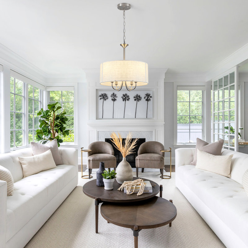 Cruce 4 - Light Drum Chandelier With Off-white Linen Fabric Shade, Dining Room Light Fixtures Over-table, Modern Farmhouse Chandeliers For Bedroom Foyer Living Room Entryway Kitchen, Drum-pendant-light