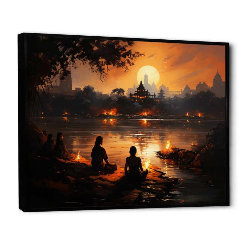 " Hinduisim Sunset Aarti I ", 34" H x 44" W x 1.5" D, Black Floater Framed