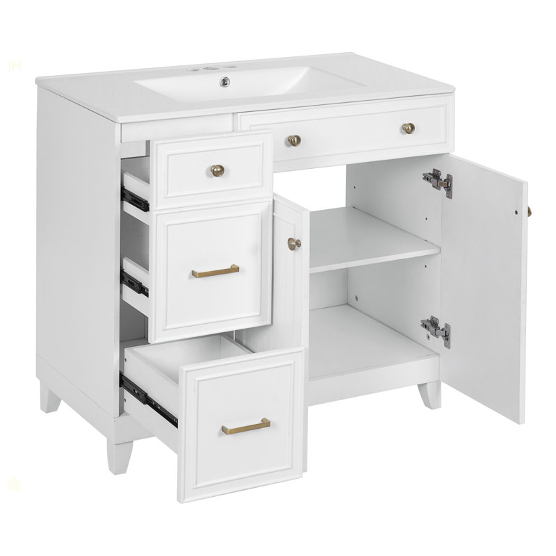 Meuble-lavabo de 36 po avec lavabo en céramique, tiroirs standard et double couche, portes à fermeture en douceur, tablettes réglables, armoire de rangement moderne pour petites et moyennes salles de bain