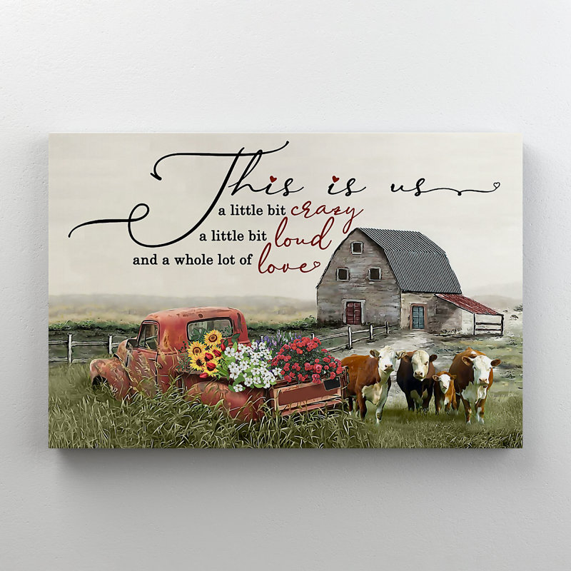 «Cow with Flowers Van By Farm - This Is Us», reproduction d'art graphique sur toile tendue, H 11 po x l 14 po x P 2 po