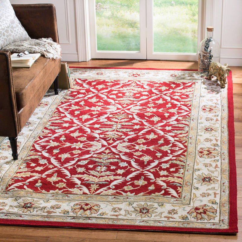 Tapis oriental rouge et ivoire crocheté à la main Driffield, Rectangle 6 pi x 9 pi