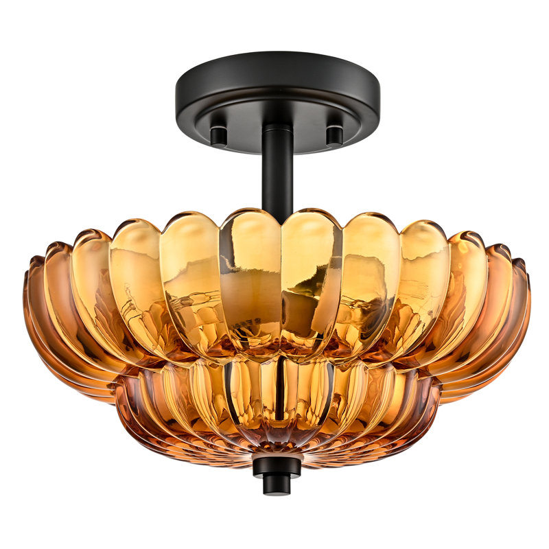 3-Light Modern Black Semi Flush Mount Ceiling Light With Scalloped Amber Glass Shade, Satin Black