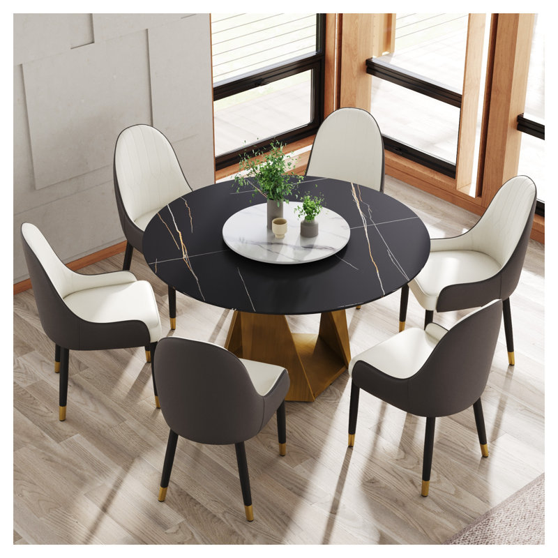 Table de salle à manger ronde 53 po en pierre frittée avec base en métal bronze, Black/White/Gold