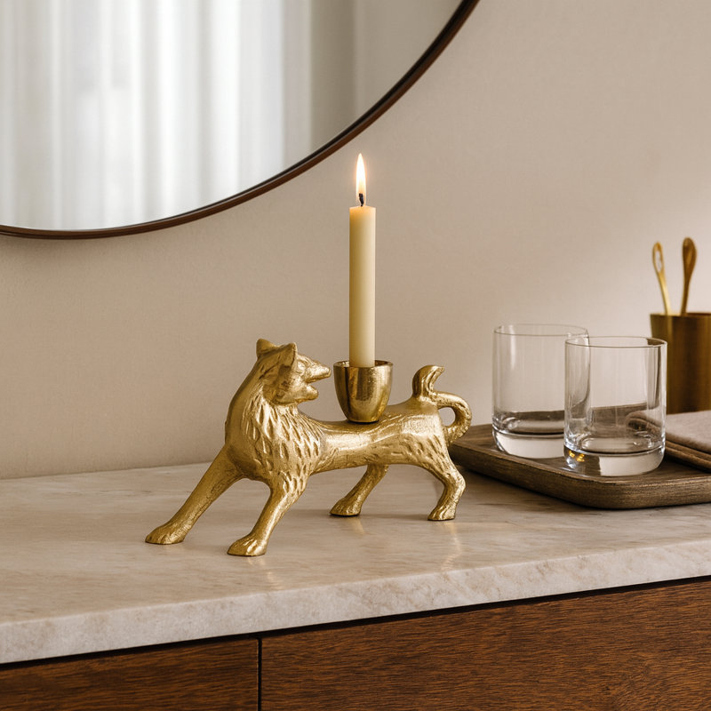 Modern Metal Fox Candle Holder for Living Room Decor - Decorative Taper Candlestick Holder for Tabletop Accent - 8", Gold