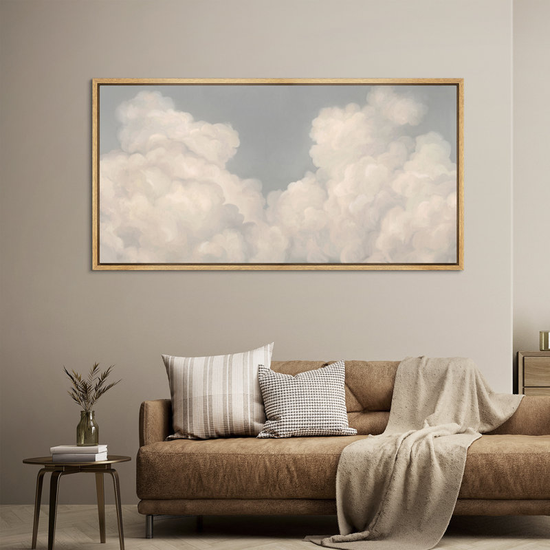 «Soft Cream Cloudscape» sur toile encadrée grise - Scène de ciel minimaliste pour espaces de vie de chambre de bébé, Naturel