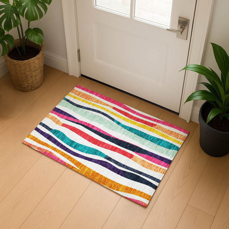 Premium Machine Washable Mayfield AMF2188 Striped Rug, 1'8" x 2'6", Ivory