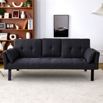 Lit pliant de 178 cm en coton et lin, idéal pour les petits espaces, avec porte-gobelet central, rangement latéral, double fonction transformable, 2 places, gris foncé.