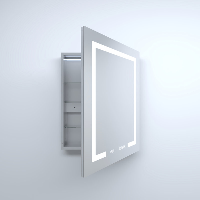 24 po X P 30 H Armoire à pharmacie encastrée ou à fixation en aluminium argentée avec miroir, DEL, tablettes réglables, cadre antirouille automatique à 5 secondes à fonction de rouille droite, fonction brouillard, 10% à DEL
