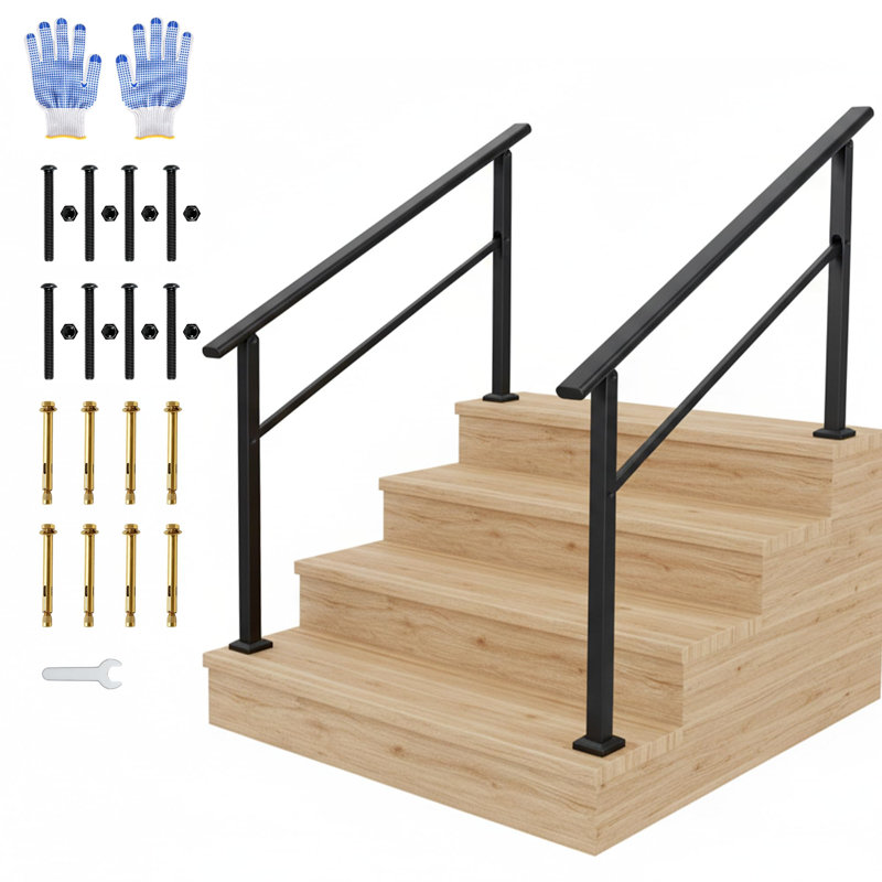 2 pieces Adjustable Outdoor Handrail for 5 Steps – Weatherproof Non-Slip Garden Grab Rail with Installation Kit, Safety Support for Elderly on Exterior Stairs, matte black