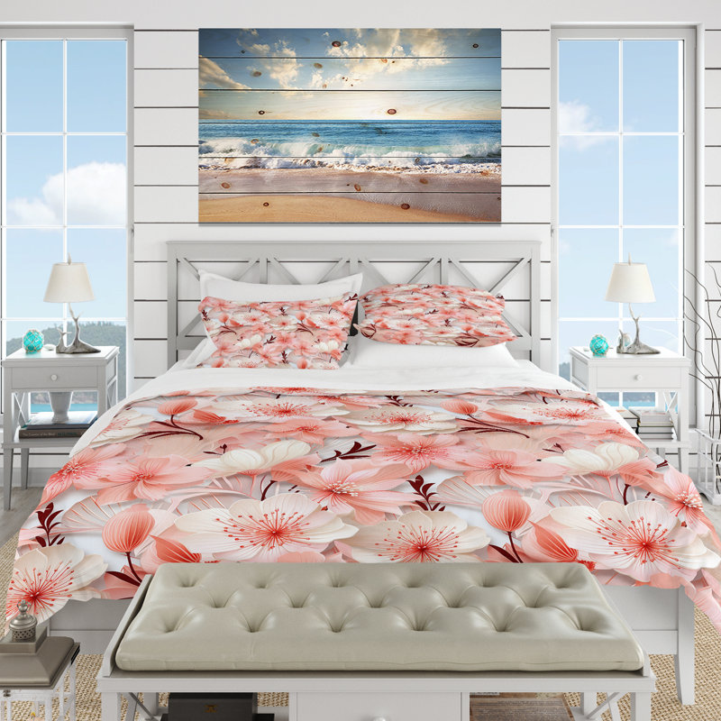 Seaside Elegance Tropical Pattern II Floral Duvet Cover, Queen Duvet Cover + 2 Standard Shams