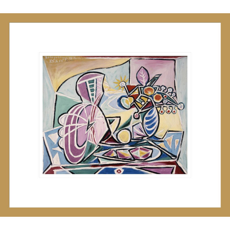Mandoline et vase de fleurs par Pablo Picasso, impression giclée encadrée, H 13,75 po x l 15,55 po