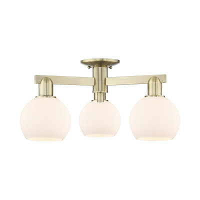 Arcadia - Amberle - 3 Light 23" Semi-Flush Mount - Antique Brass Finish - Matte White Shade