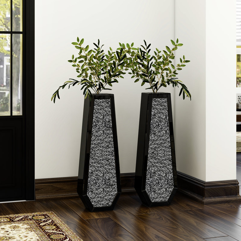 Vase de plancher noir très grand décoratif fait à la main moderne H 30 po (ensemble de 2), Noir, 30"