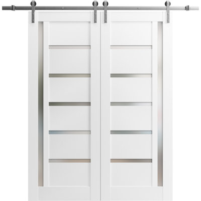 Sturdy Double Barn Door With | Quadro 4088 White Silk With Frosted Glass | 13FT Rail Hangers Heavy Set | Solid Panel Interior Doors-Silver Rail-Frosted Glass