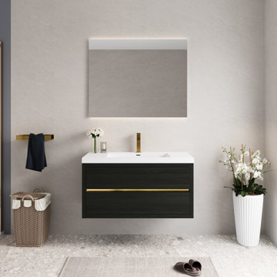 42" Bathroom Vanity With Sink And Floating Cabinet, Stone Resin Countertop, Soft Close Drawers, Wood, Pre-assembled, Low Maintenance, Safe Usage Storage, Water Damage, Construction