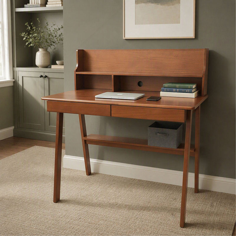 Bureau en bois massif 100 %, table d'ordinateur moderne de style milieu du siècle avec tiroir pour chambre à coucher