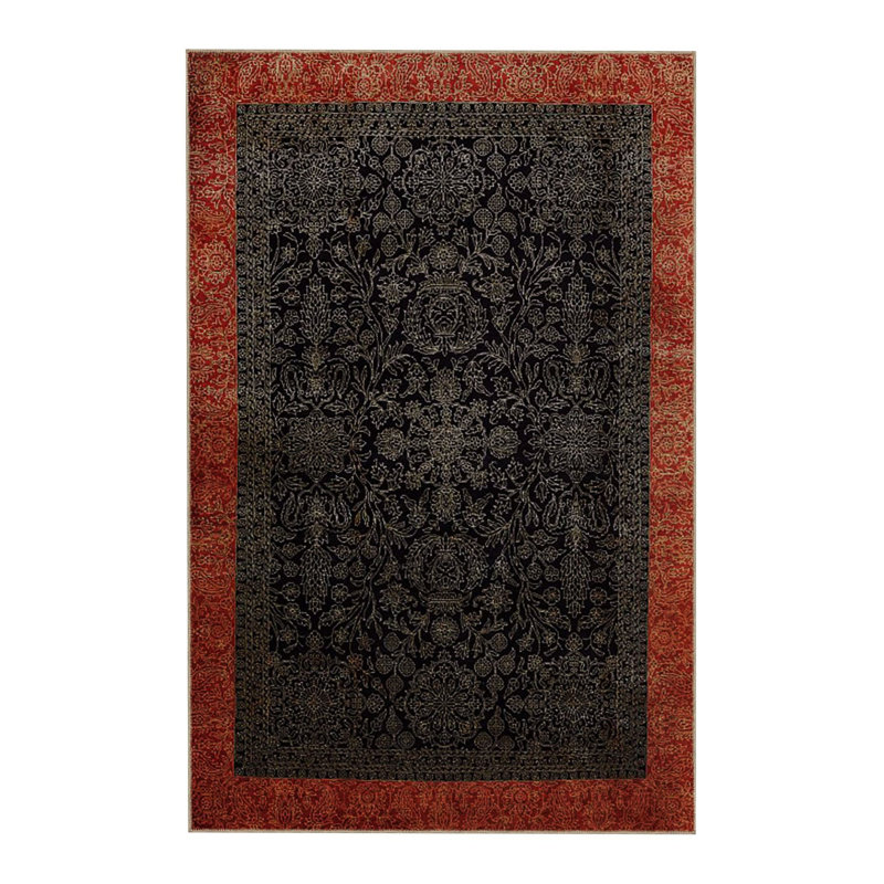 Tapis décoratif rétro bleu marine à motif floral et motifs floraux lavables à la machine