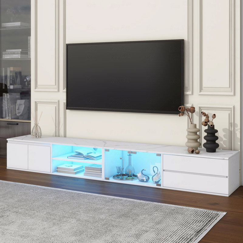Modern White LED TV Stand with Faux Marble Top & Tempered Glass Storage Console, White
