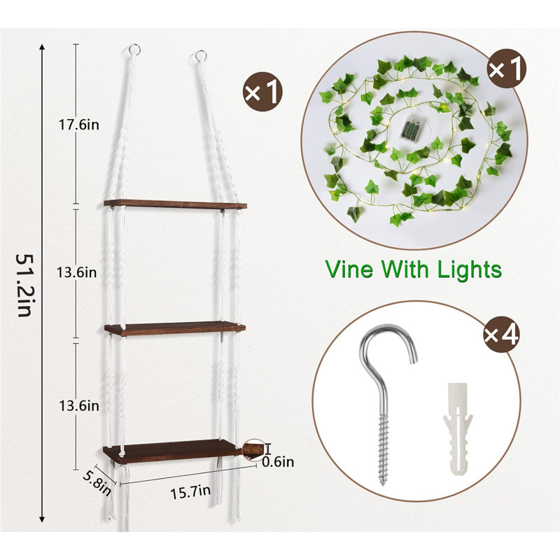 3 Tier Floating Shelf Wall Storage with Handmade Woven Ropes and Vine Lights