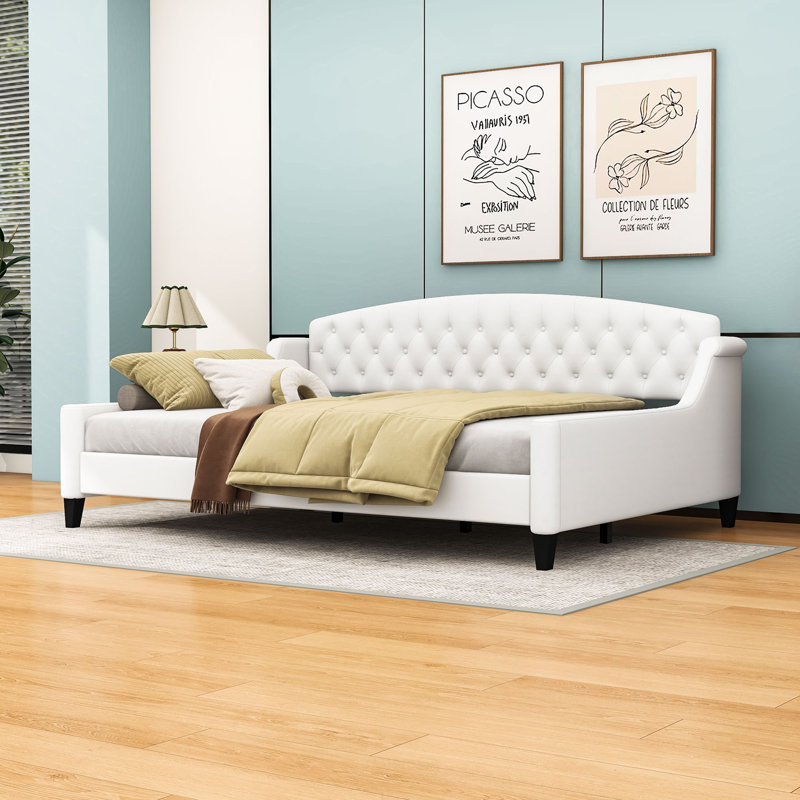 Upholstered Full Wood Daybed with Button Tufting and Center Legs, Beige