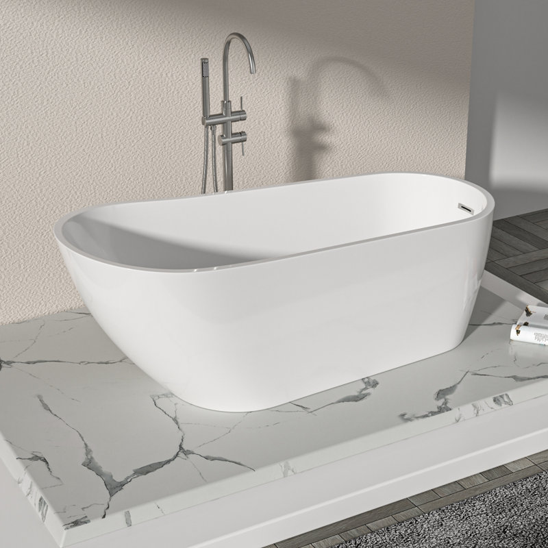 67"x29.5" Freestanding Slipper Soaking Acrylic Oval Shape Bathtub with Chrome Pop-up Drainer Glossy White Bath Tub with Chrome Overflow Drain