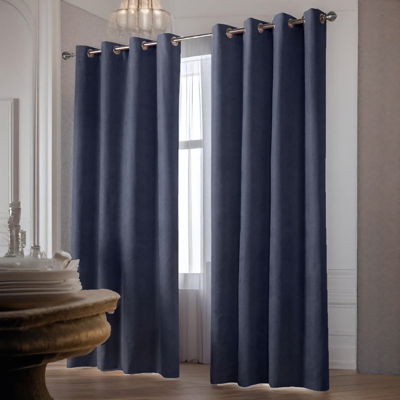 Nalaiyah Velvet Chenille Eyelet Curtains, 142cm Width x 137cm Drop, Navy